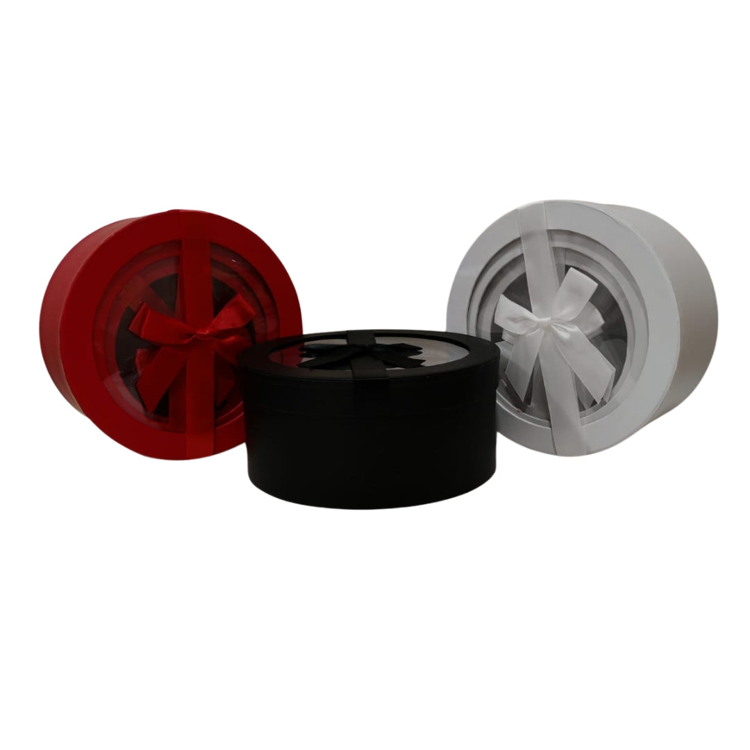 Caja de empaque para flores redonda con moño